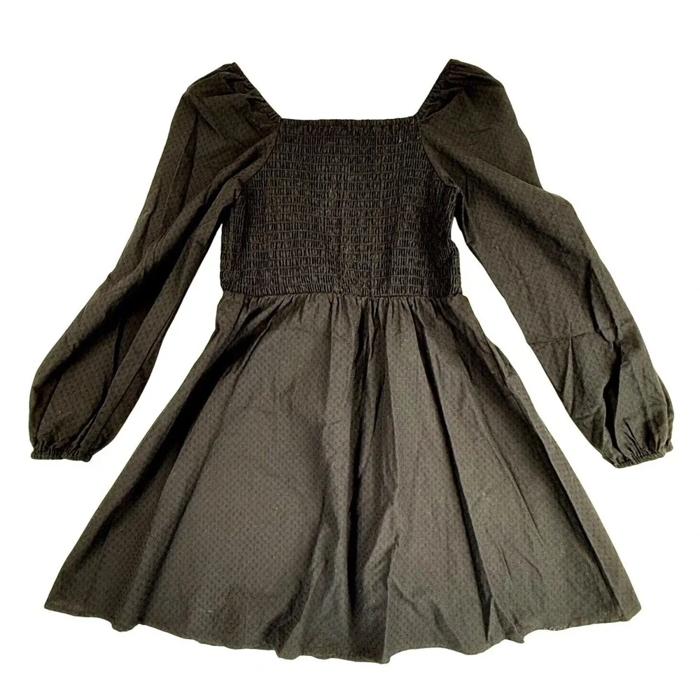 Copper Key Mini Dress Girls Large Black Smocked Pleated‎ Square Neck Puff Sleeve
